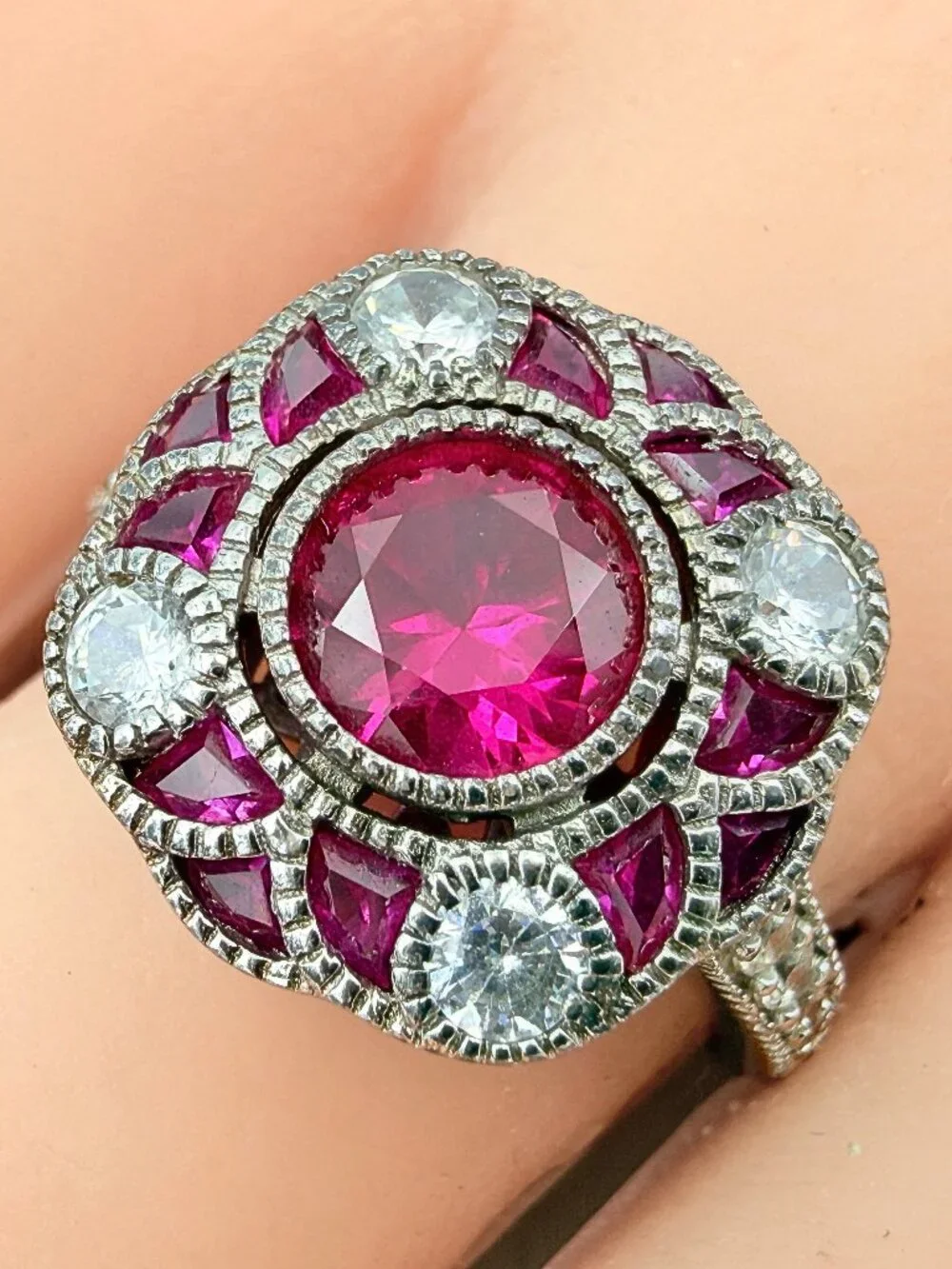 Dainty Art Deco Style Marked Sterling Silver Pink Lab Sapphire CZ Ring Sz 9